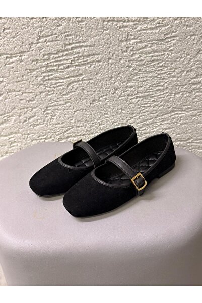Beyond Women's Black Buckle Suede 1cm Ballerinas Byndshr04