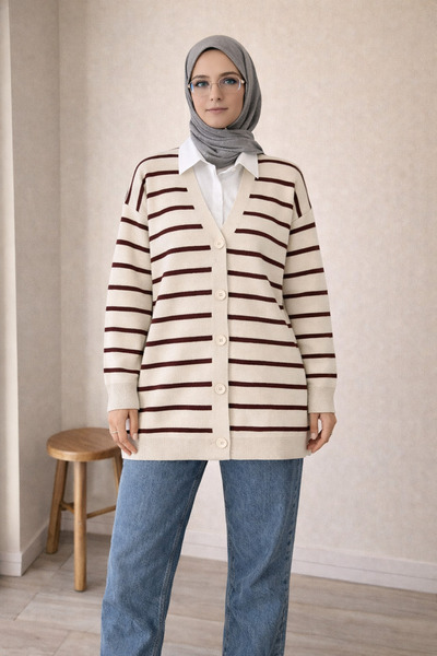 FERHEL V-Neck Horizontal Striped Buttoned Knitwear Cardigan - Beige