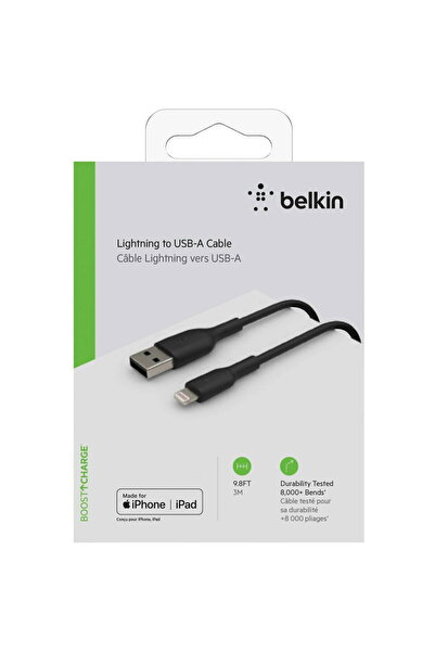 Belkin Lightning кабел 3 м, PVC, черен, сертифициран по MFI.