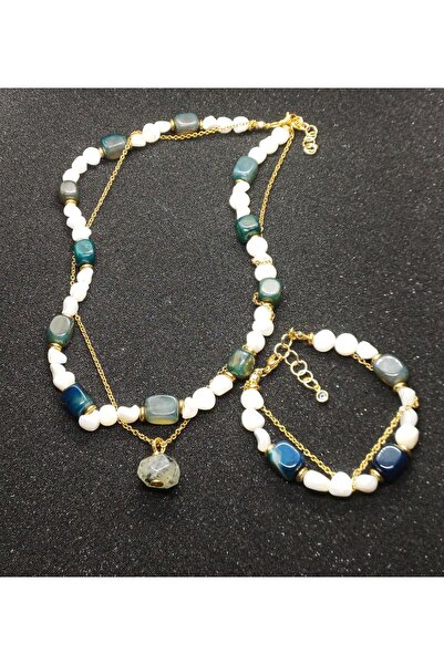 PORSE Mavi Akik Doğal Taşlı Çelik Zincirli Tasarım El Yapımı Kolye ve Bilekli...