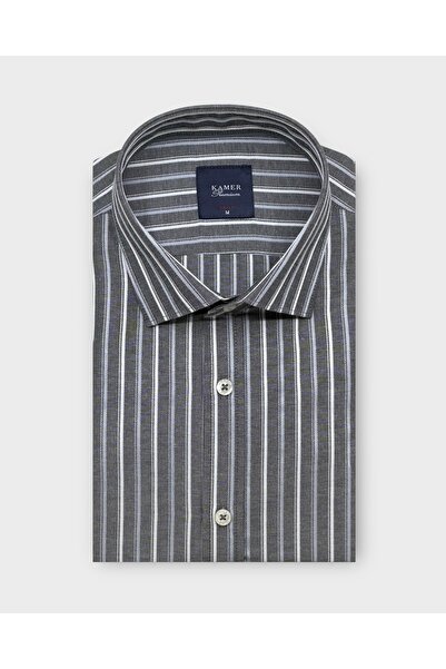 KAMER Men's Slim Fit Long Sleeve Brit Collar Pocketless Striped Gray Shirt 2442g