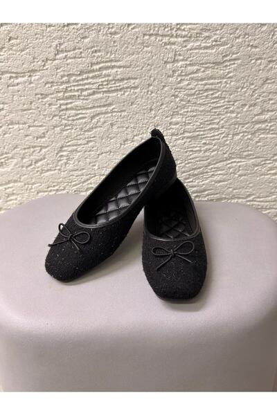 Beyond Women's Black Tweed Fabric Bow Ballerina Flats 1cm Byndlck01