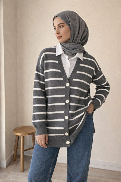 FERHEL V-Neck Horizontal Striped Buttoned Knitwear Cardigan - Smoked