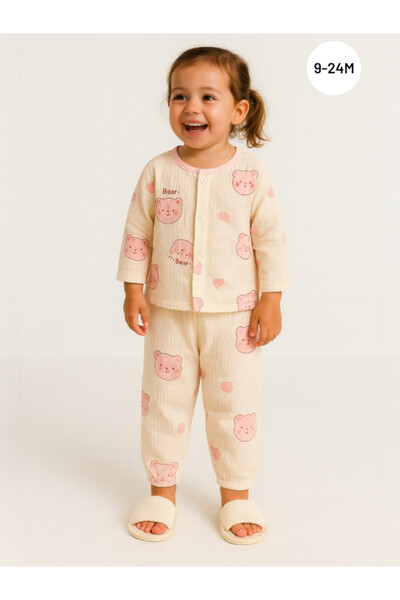 Victor and Jane Baby Girls Printed Muslin Cotton Pyjama Set – Pink Bear Printed