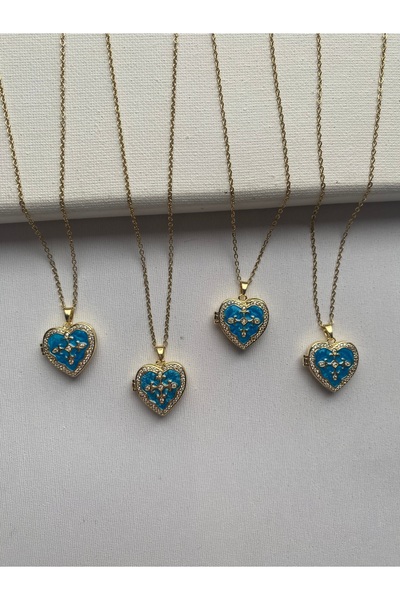 COLLECTİON Kalpli gold detaylı taşlı kapaklı madalyon anı kolyesi fotoğraf ko...