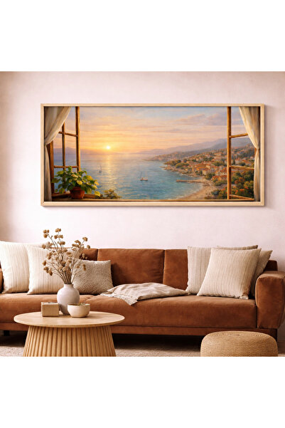 woodhomeworks Tek Parça Gerçek Ahşap Yatay Panorama Çerçeveli Tablo akdeniz k...