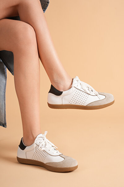 ANALİN SHOES Women's genuine leather lace-up sneakers with suede accents