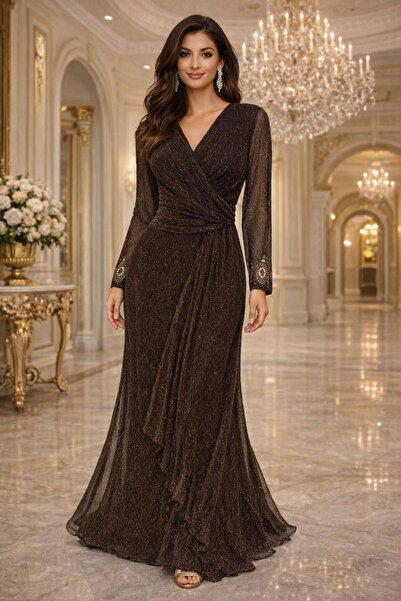 ٌRominz fashion فستان سهرة بليسيه ميتاليك - أكمام مطرزة بالكريستال - شحن محلي...