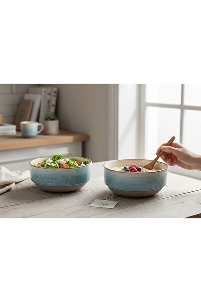 Lia Porselen 2'li Granola ve Salata Kasesi 14 cm - Mavi Reactive