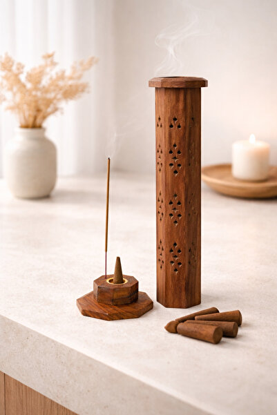 memyap Kapaklı Silindirik Ahşap Tütsülük –Dikey Tütsülük 30 cm- Çubuk ve Koni...