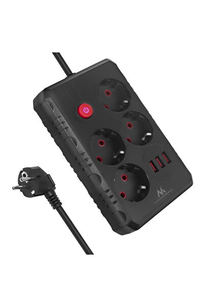 Maclean Разклонител, удължителен кабел с 4 гнезда + 3xUSB, 110-240V AC 50/60H...