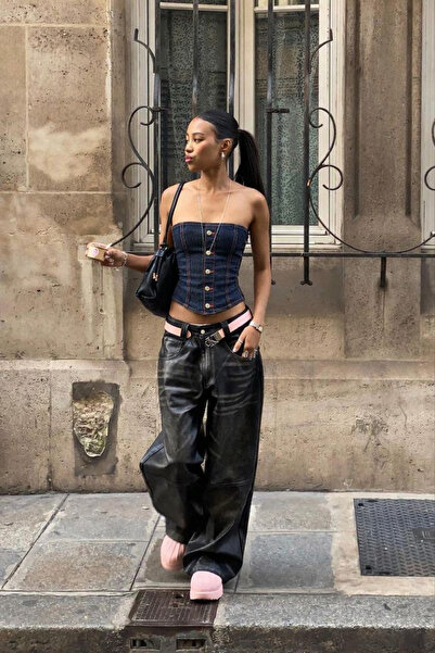 Messy Girls Vintage Kadın Crop Top Korse Lacivert Önü Düğmeli Büstiyer