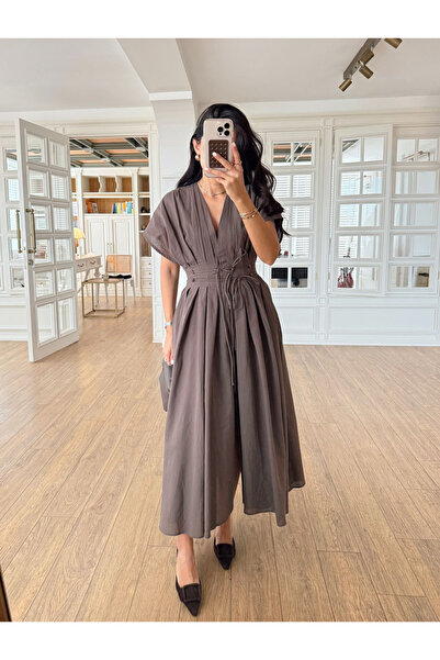 My Blog Mink 100% Cotton Pleated Bat Sleeve Dress with Tie at the Waist - 206201