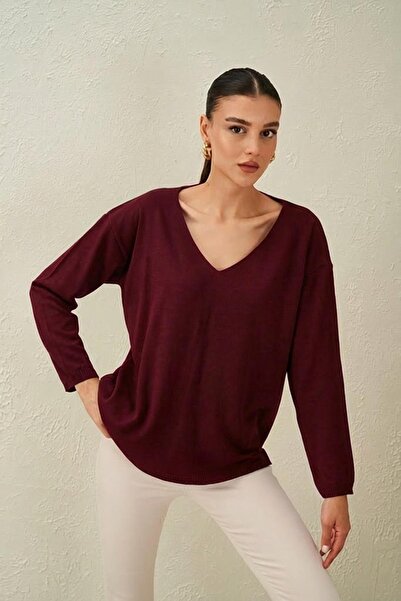 TENA Women's Burgundy V-Neck Casual Knitwear Sweater