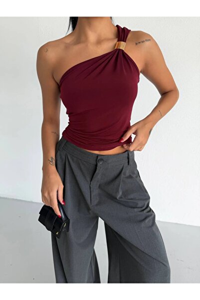 hazelin Women's Burgundy One-Shoulder Sandy Blouse with Gold Metal Detail Hzl...