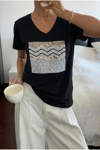 FEMELLE Black V-Neck Sequin Embroidered 100% Cotton T-Shirt