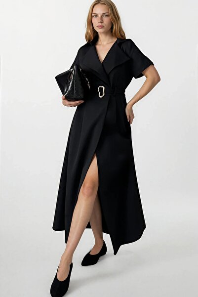 Trend Alaçatı Stili Women's Black Double-Breasted Dress with Accessories and ...