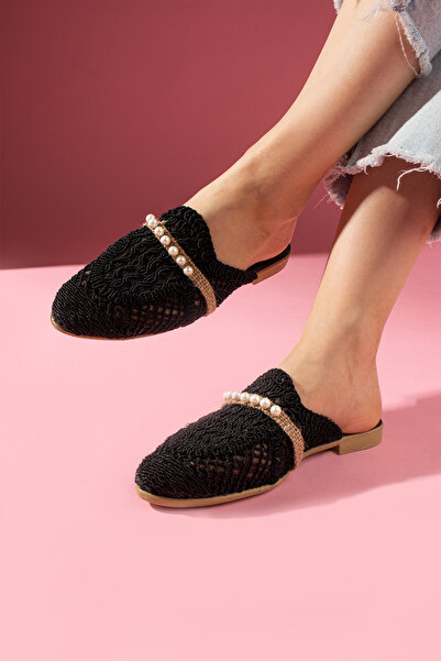 modayaselam Wicker Embroidered Pearl Detailed Closed-Front Slippers