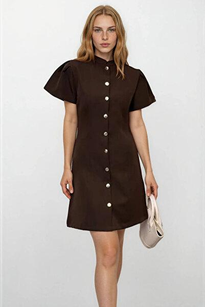 Trend Alaçatı Stili Women's brown notch neck button detailed mini woven dress...