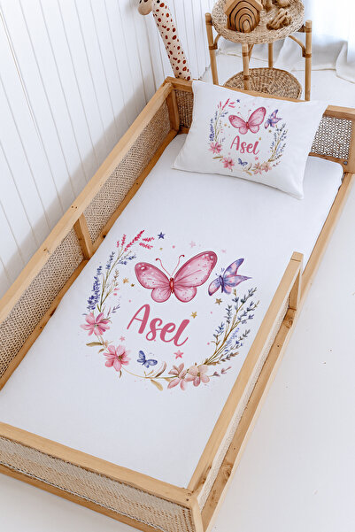 Lilabio %100 Pamuk İsme Özel Montessori Yatak Pike Seti 100x200 Kelebek Çiçek...