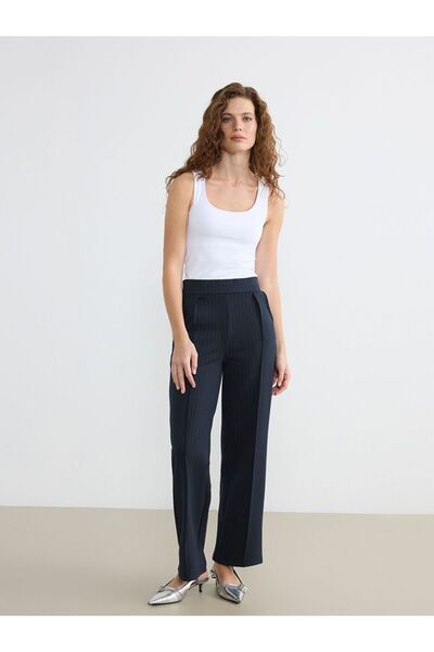 LC Waikiki Lcwaikiki Classic Navy Blue Wide Leg Striped Women's Fabric Trousers
