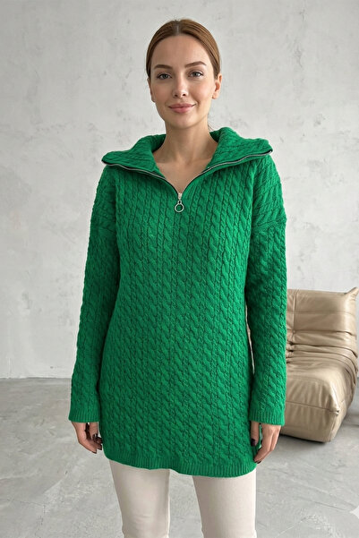 FERHEL Women's Half-Zip Knitwear Sweater Tunic - Emerald