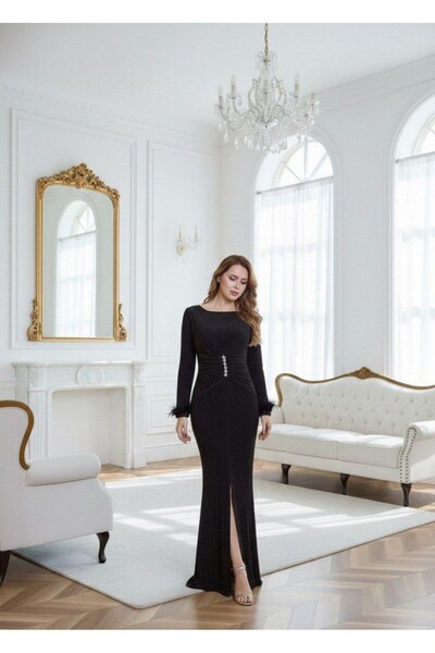 alqarat Starlight Bodycon Feather-Cuff Gown