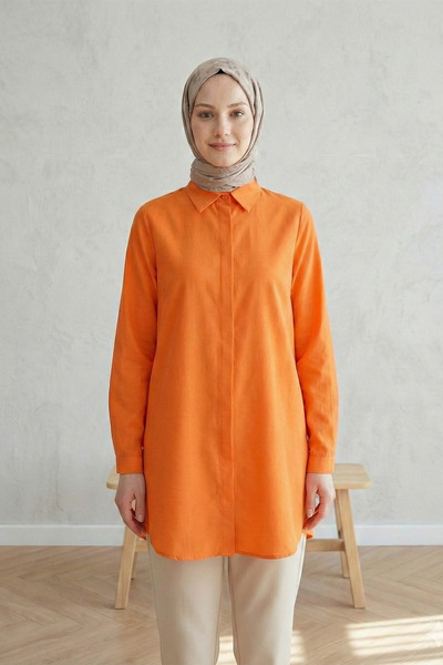 FERHEL Women's Hidden Button Long Boyfriend Shirt Tunic - Orange