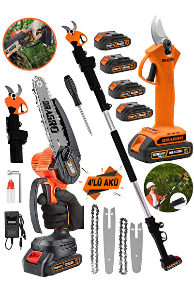 Dragro 4 Akülü + 2 li Set + Teleskopik Kollu Bağ Makası ve Budama Testeresi M...