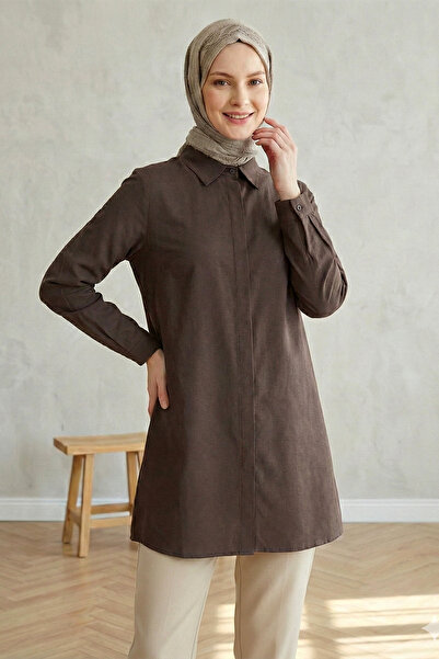 FERHEL Women's Hidden Button Long Boyfriend Shirt Tunic - Brown