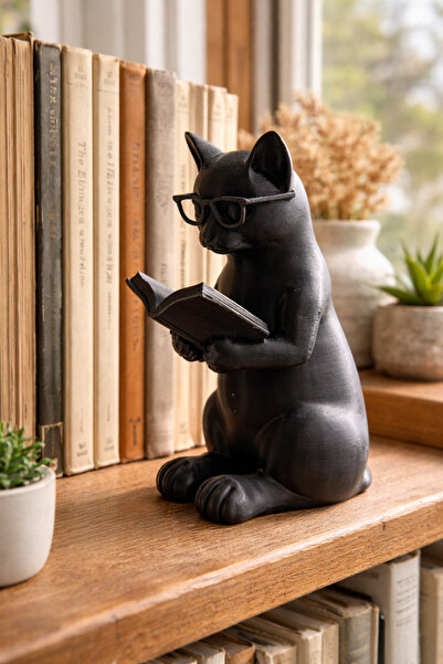 The Plasti Kitap Okuyan Kedi Figürü Kitaplık Süsü Tatlı Masa Süsü