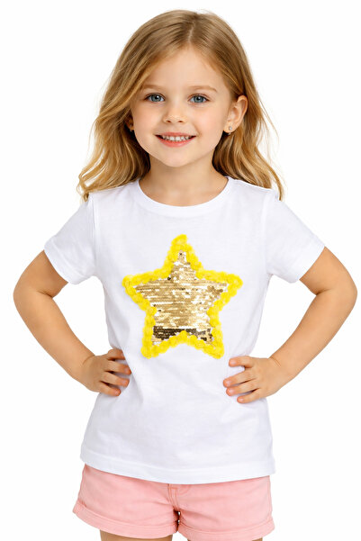 Nacar 23 Nisan 29 Ekim Gösteri Kıyafeti Payet Yıldızlı Kız Çocuk Tişört – Beyaz