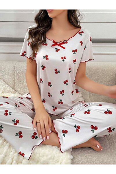 NİMSE LOVE Kadın Beyaz Kiraz Desenli Kısa Kollu Yumuşak Pijama Takımı 5128