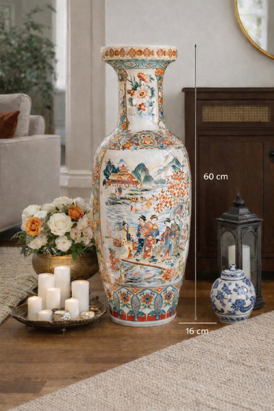 ŞIK VE MUTLU Porselen Uzak Doğu Asya Temalı Dekoratif Vazo 60 CM