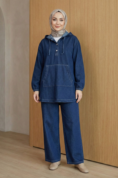 FERHEL Kangaroo Pocket Hooded Denim Set with Snap Fasteners on the Front - Na...