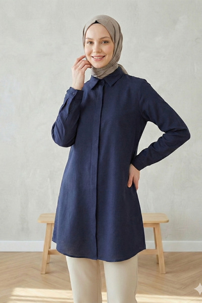 FERHEL Women's Long Boyfriend Shirt Tunic with Hidden Buttons - Navy Blue