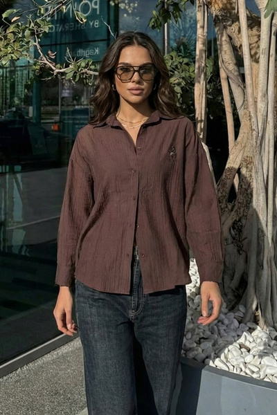 Trend Alaçatı Stili Women's Brown Deer Embroidered Aerobin Shirt Alc-X15315