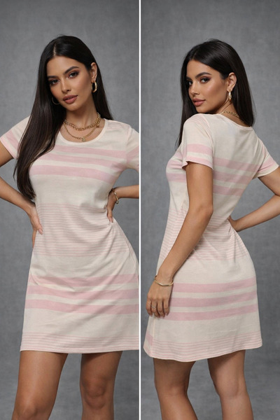 Rich Women's Pink Striped Crew Neck Short Sleeve Dress