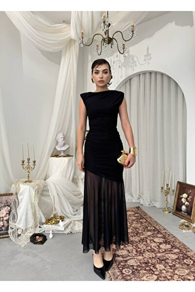 ETİKAFASHION Modern Kesim Vatkalı Tül Detaylı Abiye Elbise