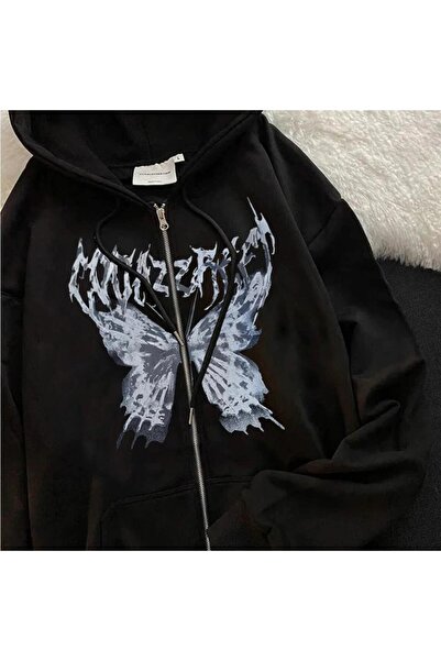 Harajuku Butterfly Kelebek Baskılı Oversize Fermuarlı Siyah Unisex Kapüşonlu Hırka