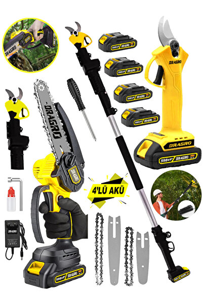 Dragro 4 Akülü + 2 li Set + Teleskopik Kollu Bağ Makası ve Budama Testeresi M...