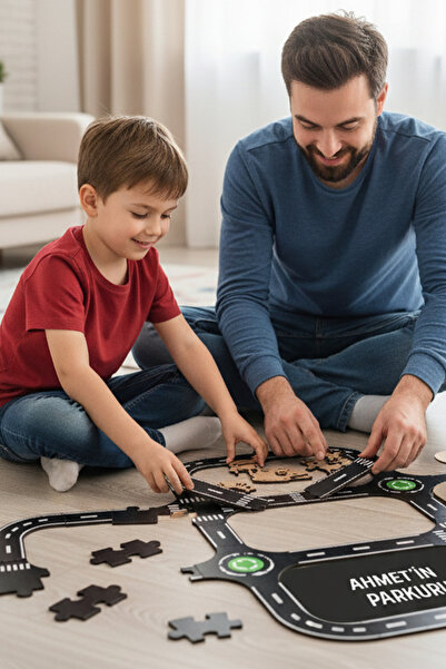 kutuTR Ahşap Mini Şehir Oyun Parkuru – Maket Ev + Maket Benzinlik (2 Set Akri...