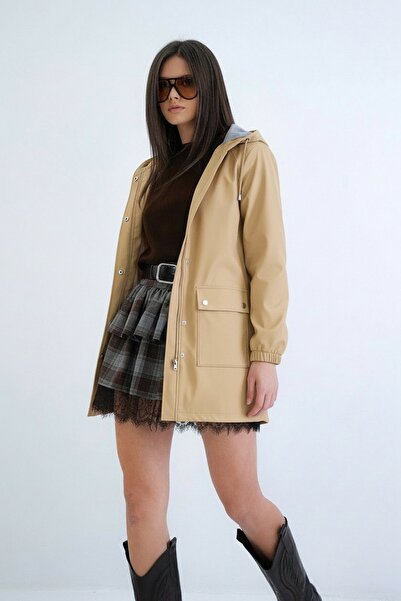 Trend Alaçatı Stili Women's Beige Hooded Zippered Double Pocket Raincoat Jack...