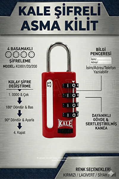 ellante Kale Kilit 4 Basamaklı Şifreli Asma Kilit - Kırmızı (Bilgi Pencereli)