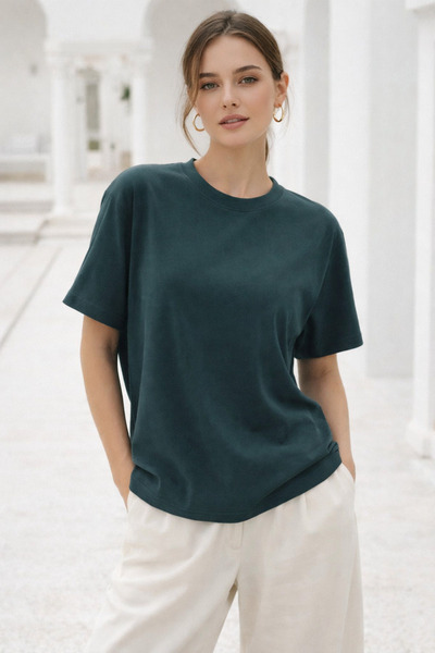 Rich Women's Khaki Soft Textured Interlock Crew Neck Basic T-Shirt