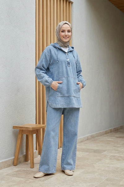 FERHEL Kangaroo Pocket Hooded Jeans Set with Snap Buttons on the Front - Blue