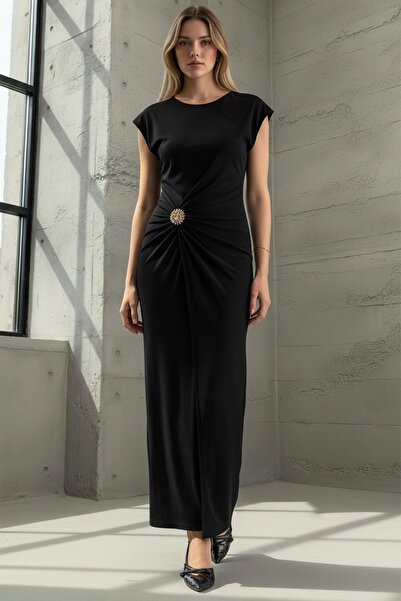 Trend Alaçatı Stili Women's Black Brooch and Drape Detailed Maxi Length Sandy...