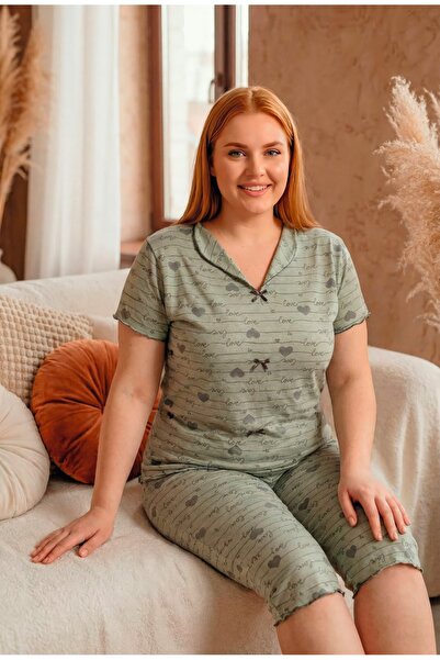 LİLA İÇ GİYİM Battal Bowknot Viscose Capri Short Sleeve Pajama Set