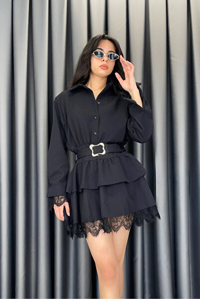 KECHİ WOMAN فستان كيتشي بياقة قميصية وتفاصيل دانتيل - أسود