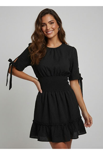 NEW JOURNAL Rochie mini neagră pentru femei, cu mâneci legate, talie elastică...